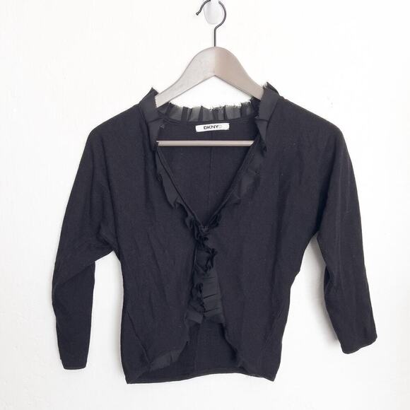 VIntage DKNY Ruffle Shrug 3/4 Sleeve Knit Sweater Hook Eye Small Black Y2K 2000 - Picture 1 of 5